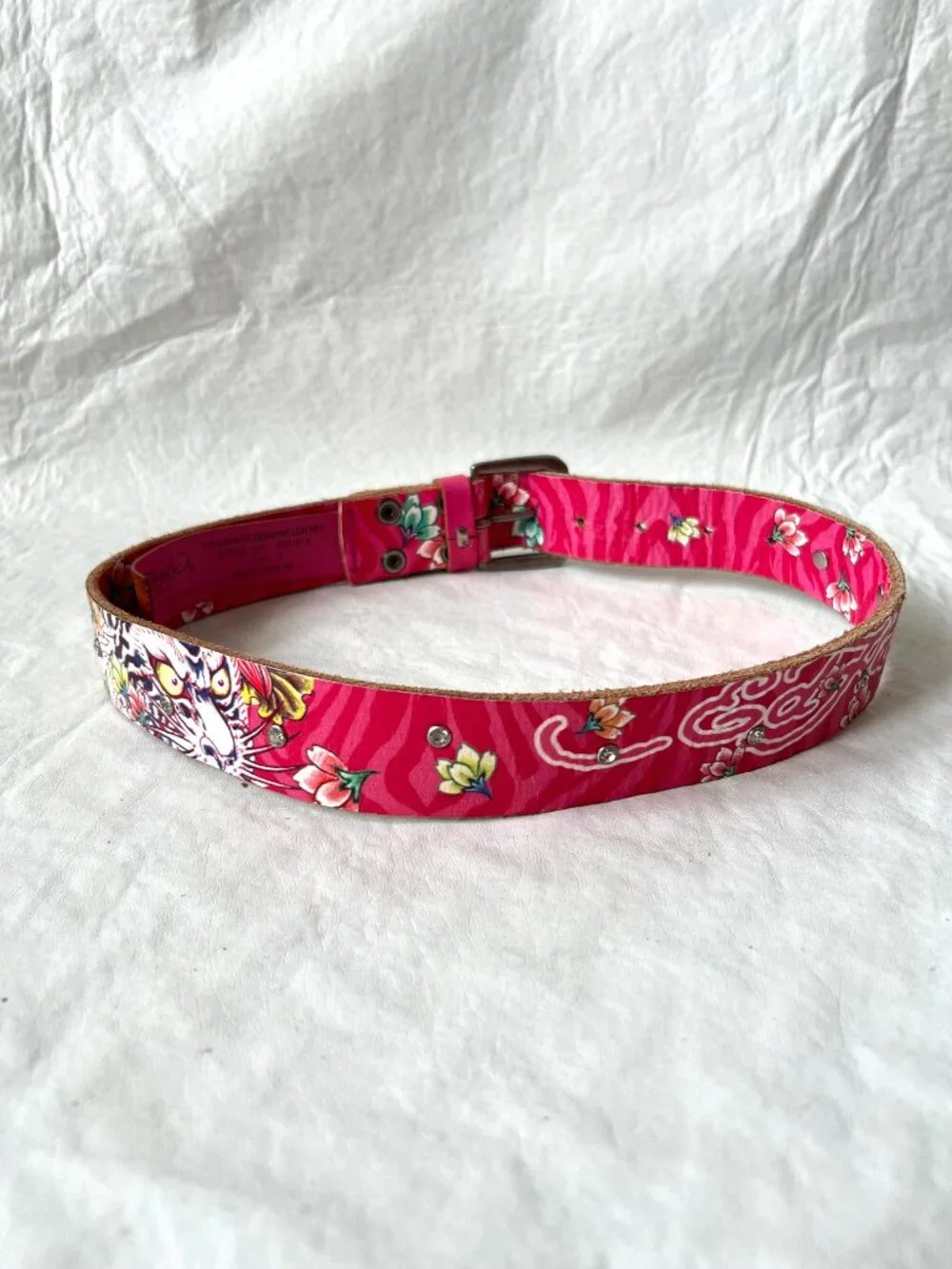 Ed Hardy belt pink leather tiger rhinestones small y2k genuine real handmade